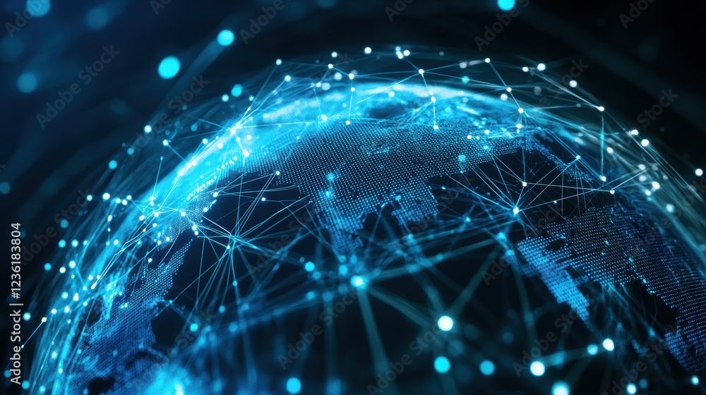 Poster global network connectivity concept with digital world map, data transmission lines, and technology 