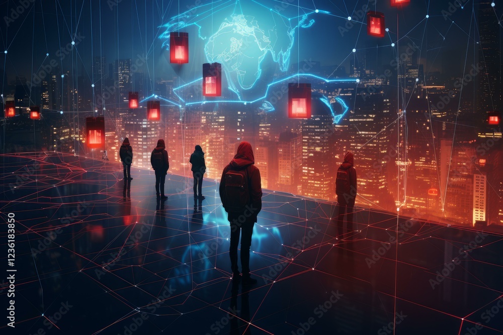 Poster hackers are planning a cyber attack, observing hanging data blocks over a futuristic cityscape with 