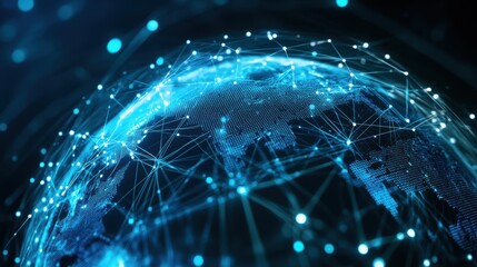 Global network connectivity concept with digital world map, data transmission lines, and technology connections representing communication and information exchange.