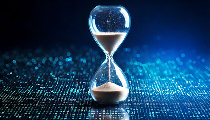 Dramatic hourglass on a digital data background. Perfect for illustrating concepts of time, deadlines, technology, or data processing.