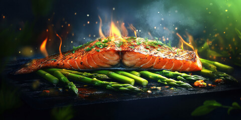 Grilled meat and vegetables on the barbecue ready to enjoy for a delicious dinner or lunch at a restaurant with seafood and fresh ingredients