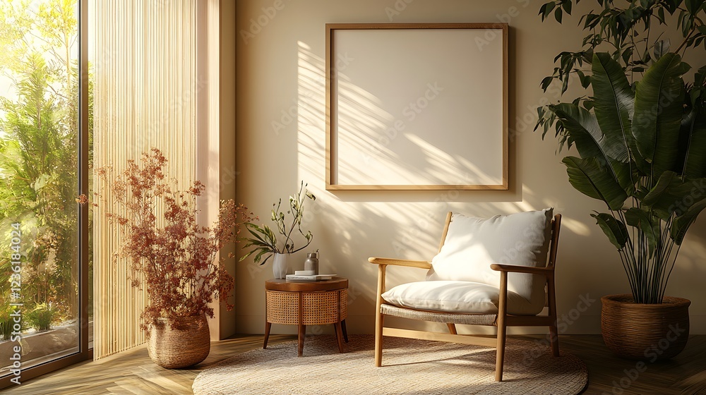 Aufkleber home interior a mock up frame standing on a small side table next to minimal decor soft lighting enh