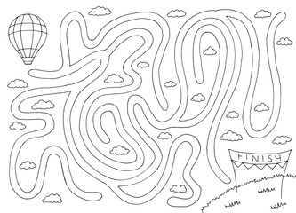 Air balloon maze graphic black white sketch illustration vector