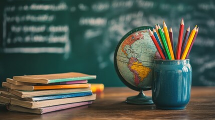 Globe, colored pencils in jar, and stacked books on wooden table with chalkboard background, representing education, learning environment, and school essentials.