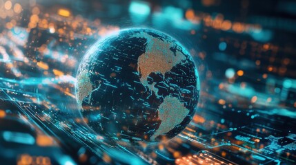 Globe, digital world and interconnected networks representing global communication and technology advancements. Data transfer, cybersecurity, and innovation concepts.