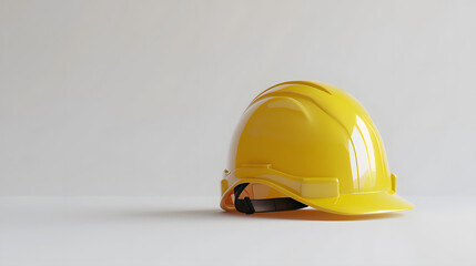 Bright yellow safety helmet placed on a clean surface with minimal distractions and soft lighting for construction and safety context