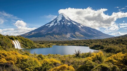 Fototapeta premium Majestic View of Snow-Capped Volcano with Serene Waterfall and Lake