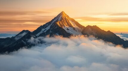 Majestic Mountain Peak Above Clouds During Sunrise in Scenic Landscape