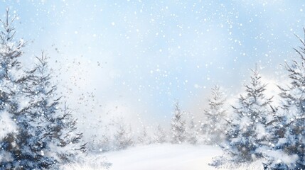 Serene Winter Landscape with Snowfall and Evergreen Trees in a Soft Blue Haze