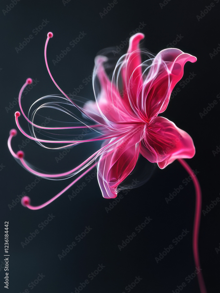 Poster futuristic abstract pink flower design with glowing neon elements and fractal patterns