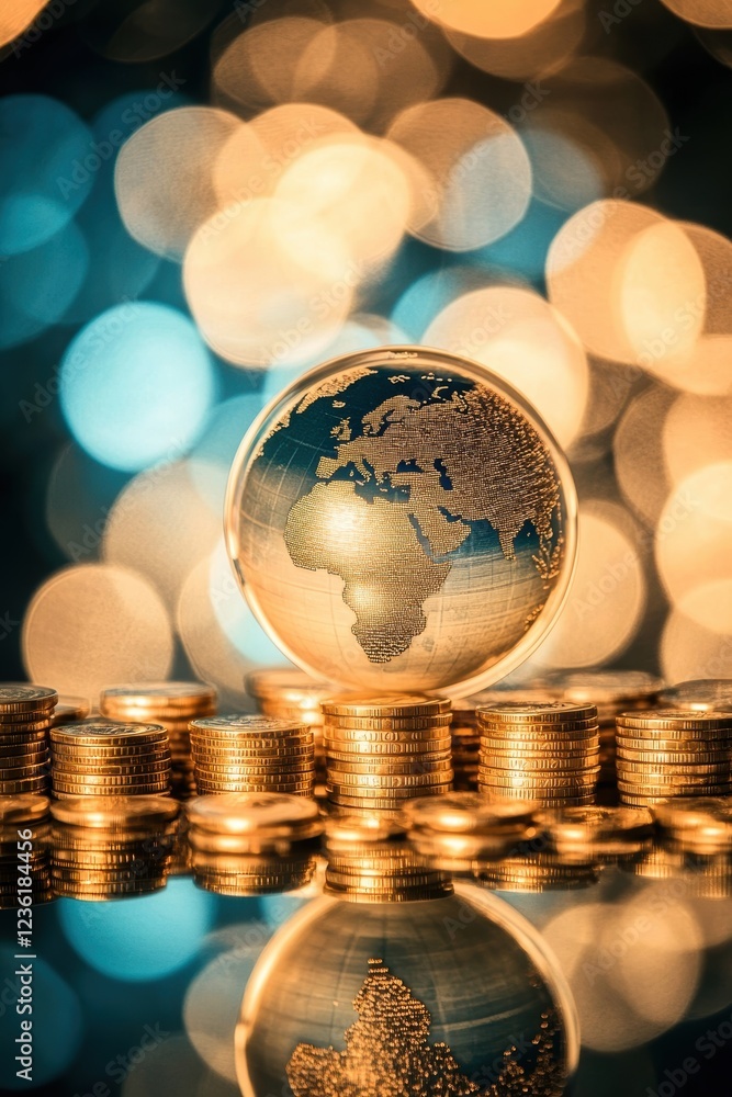 Poster globe on stack of coins reflecting global finance trends with blurred bokeh lights in background, sy