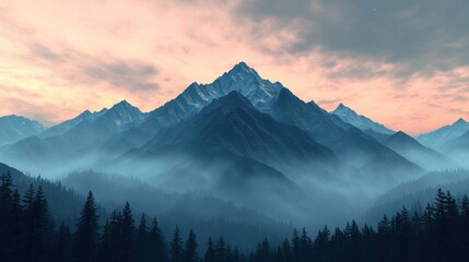 Obraz premium Majestic Mountain Range at Dusk with Mist and Pine Forests