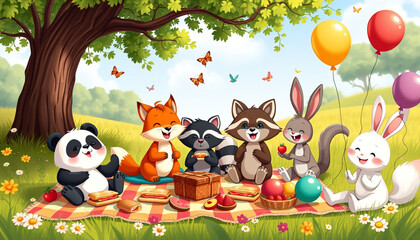 Fototapeta premium A group of adorable cartoon animals, including a panda, fox, raccoon, and rabbits, enjoying a fun picnic under a tree with balloons and treats, creating a cheerful and playful scene.