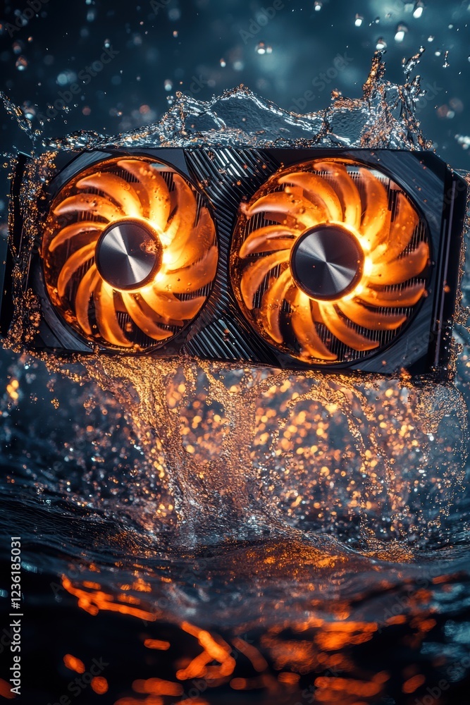 Poster gpu, cooling technology and performance graphics card submerged in water creating splashes, highligh