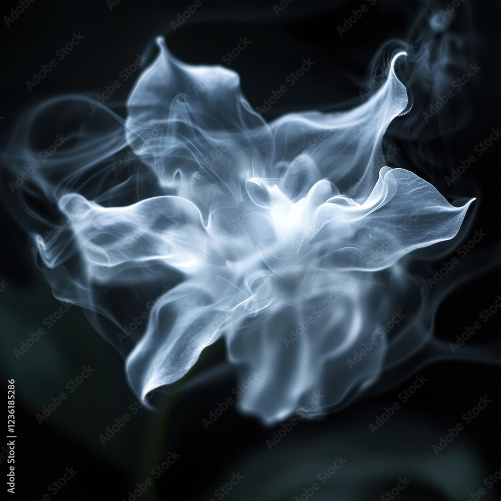 Poster blue smoke swirling on a black background with smooth, flowing curves and soft, fog-like patterns