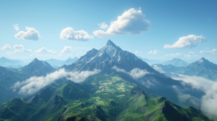 Naklejka premium Majestic Mountain Landscape with Blue Skies and White Clouds