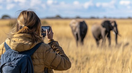 Woman Photographing Elephants in African Savanna