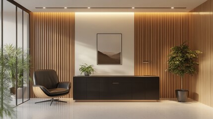 A Minimalist Living Room With A Black Cabinet, Wooden Wall, And Comfy Armchair. Plants Add A Touch Of Nature To The Sleek, Modern Design.