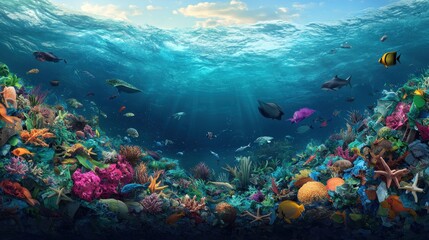 Fototapeta premium Vibrant Coral Reef Underwater Scene with Diverse Marine Life