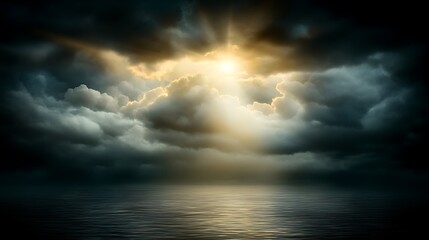 Obraz premium A sunlight, light, shine, dramatic, background, heaven, bright, cloudscape, sunbeam, sun, cloud, sky, landscape, hope, sunshine, through, weather, sunset, beam, color, rays, sunri over a tranquil sea.