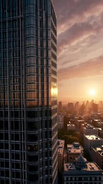 Panoramic View, A skyline dominated by a massive skyscraper at sunrise, with soft light illuminating the city below. A hopeful tone, symbolizing new beginnings in an urban setting.
