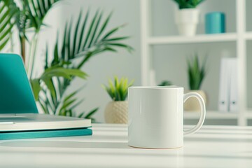 A serene workspace featuring a white mug beside a laptop and lush green plants, ideal for concepts of productivity, relaxation, or remote work, Perfect for social media, blogs, or marketing materials