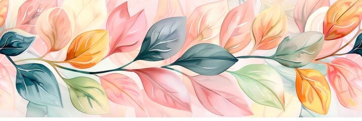 Fototapeta premium A colorful arrangement of stylized leaves in soft pastel hues, perfect for nature-themed backgrounds, artwork, or eco-friendly branding, It embodies freshness and creativity,