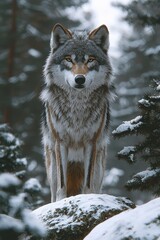 Obraz premium Majestic Gray Wolf Standing on Snowy Rock in Winter Forest