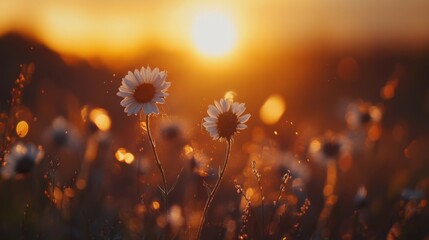 Beautiful Sunflowers in Golden Sunset Light with Soft Bokeh Highlights and Warm Atmosphere in Meadow