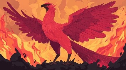 Majestic Red Phoenix Rising from Fiery Flames in Vibrant Illustration