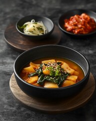 Traditional Galbitang soup with a clear, flavorful broth, served with fermented kimchi and fresh vegetables.