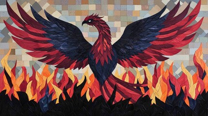 Obraz premium Majestic Phoenix Rising from Flames in Colorful Mosaic Art