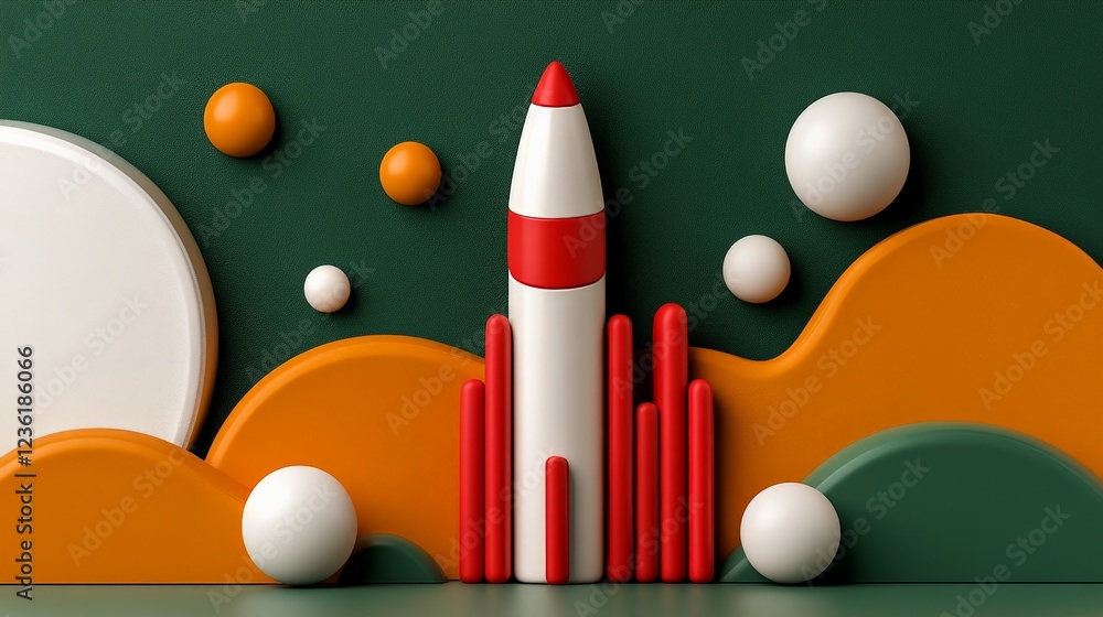 Poster rocket launch abstract: a stylized 3d rendering of a rocket launching amidst abstract orange and gre