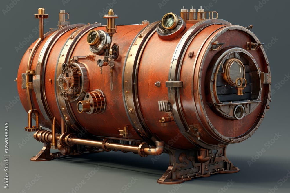 Poster complex steampunk boiler showcasing intricate gears and pipes, generating power in a retrofuturistic