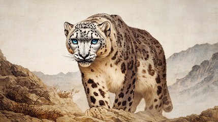 Obraz premium Snow Leopard with Intriguing Blue Eyes in a Mountainous Landscape