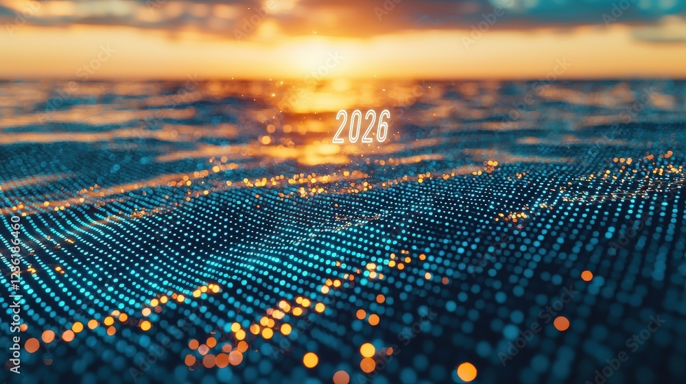 Poster futuristic digital technology background with holographic elements and glowing dots representing a n