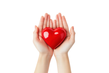 Aerial top view of red plastic heart shape on both hand