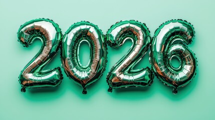 Shiny Green Foil Balloons Shaped Like Numbers Representing 2026 on a Bright Mint Background
