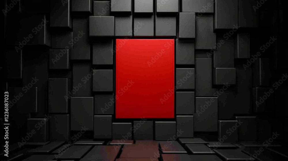 Poster red square on black cube wall: a vibrant red square stands out against a backdrop of a textured wall