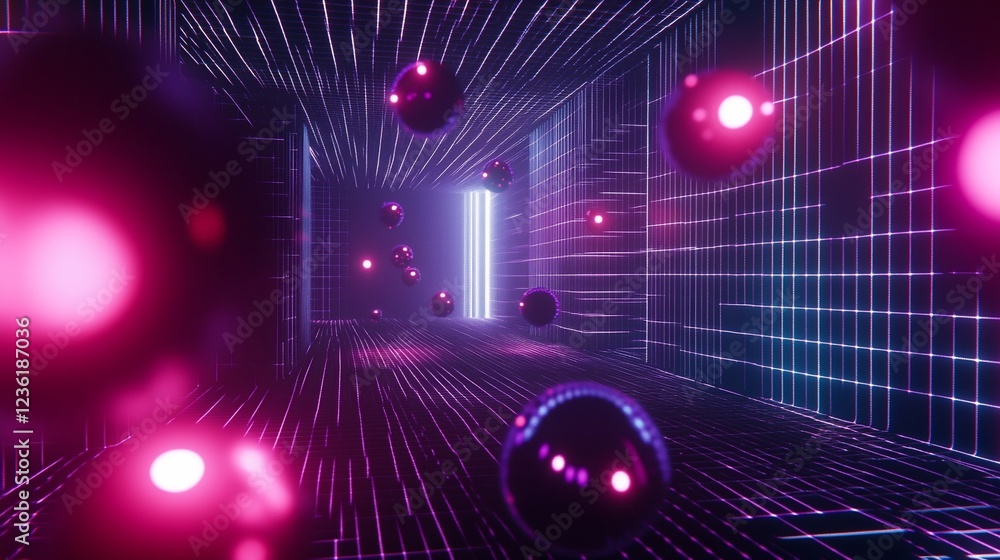 Poster abstract 3d rendering of a grid tunnel with floating spherical objects and a glowing door