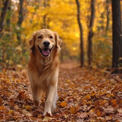 Golden retriever walking down a forest path covered in autumn leaves