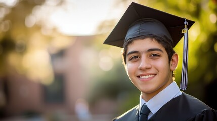 Graduation ceremony with young man wearing cap and gown, smiling outdoors. Celebration of academic achievement and future opportunities, educational success.
