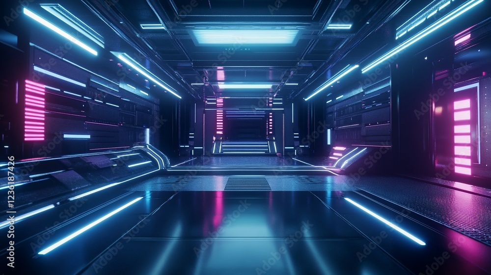 Poster futuristic illuminated corridor with neon lights leading to a dark portal in a science fiction setti