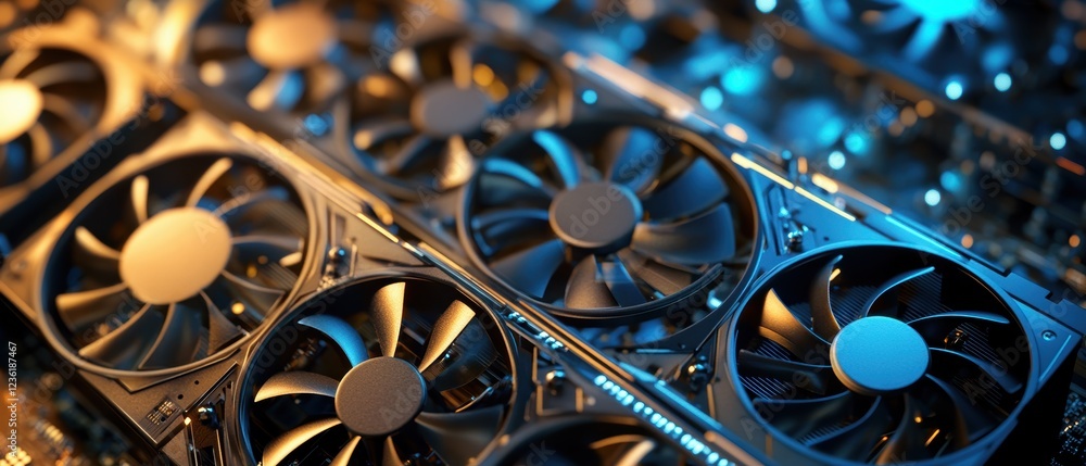 Poster graphics card cooling components with illuminated fans, used for high-performance computing and gami