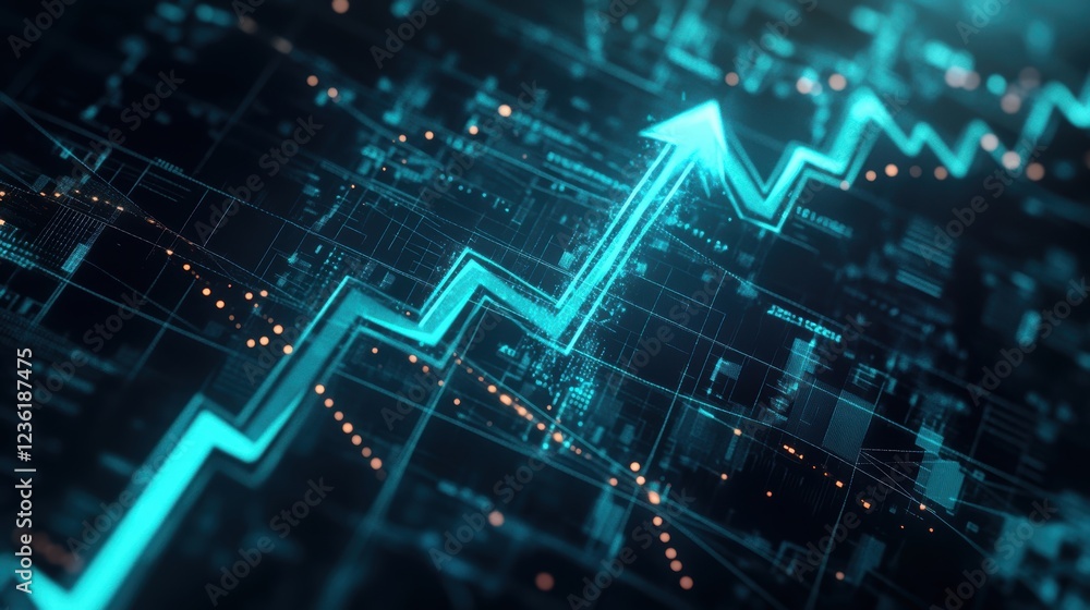 Poster graph showing upward trend in digital financial data with interconnected technology, signifying grow