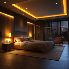 Luxury apartment bedroom with comfortable bed and elegant decor