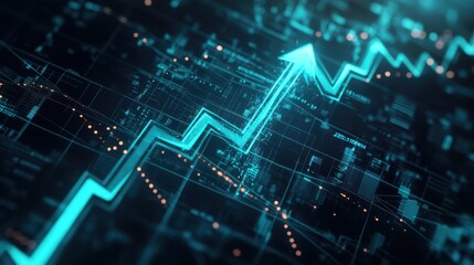 Graph showing upward trend in digital financial data with interconnected technology, signifying growth in stock market investment and economic forecasting.