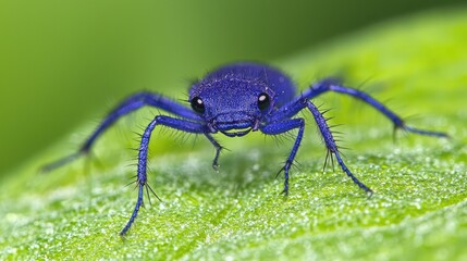 Fototapeta premium Blue insect on green leaf, macro shot, nature background, wildlife photography