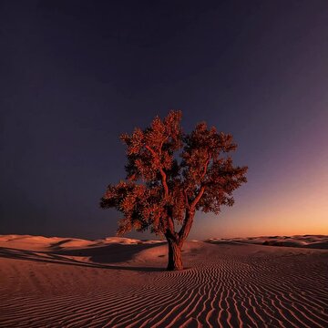 Wide Shot of expansive desert with a lone tree sprouting in the middle, vibrant orange and red hues; dramatic shadows from the setting sun, conveying solitude and persistence.