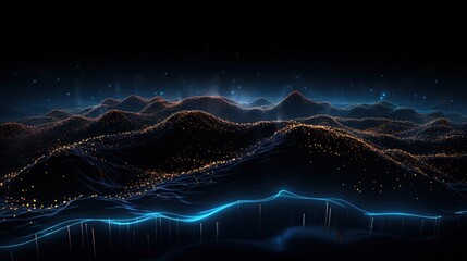 Futuristic Mountain Landscape with Neon Blue and Orange Lights at Night&rdquo;,
